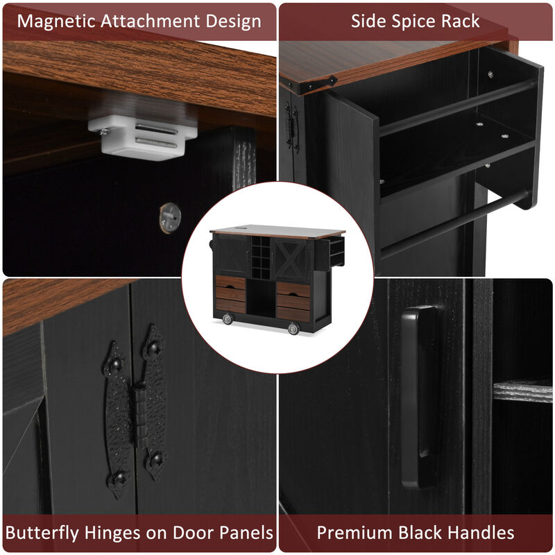 ELEMENT ACE Farmhouse Kitchen Island Cart with Foldable Leaf, Built-In Power Outlet, Ample Storage Drawers and Cabinets image number 6