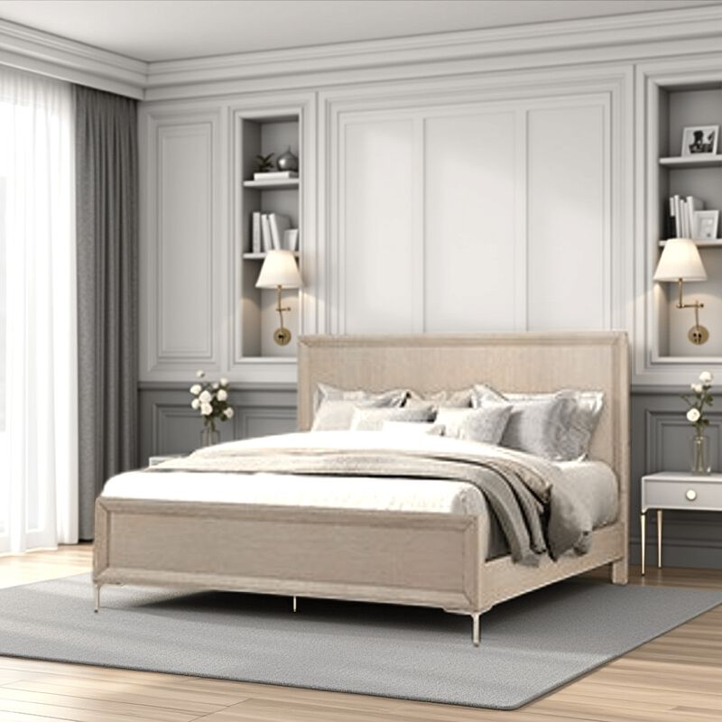 Kaira Queen Size Bed with Metal Accents, Natural Oak Solid Rubberwood - Benzara