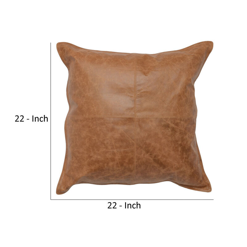 Square Leatherette Throw Pillow with Stitched Details, Brown - Benzara