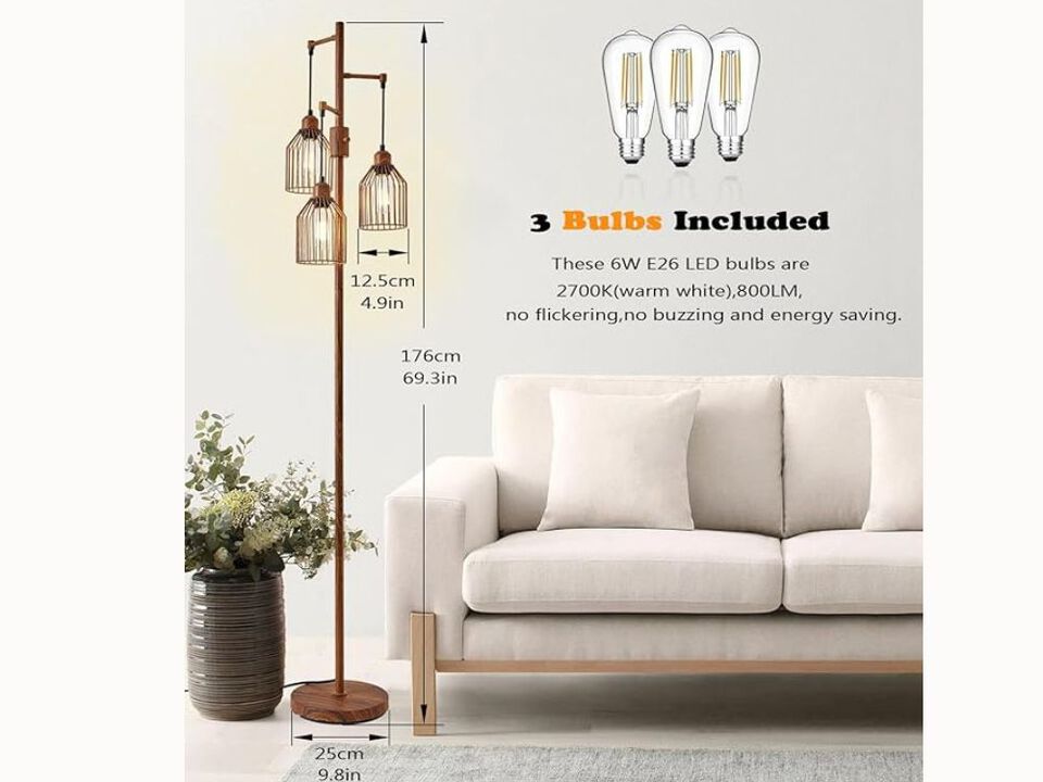 Farmhouse Floor Lamp &ndash; 68.5" Tall, Hanging Cage Design, Wood Finish