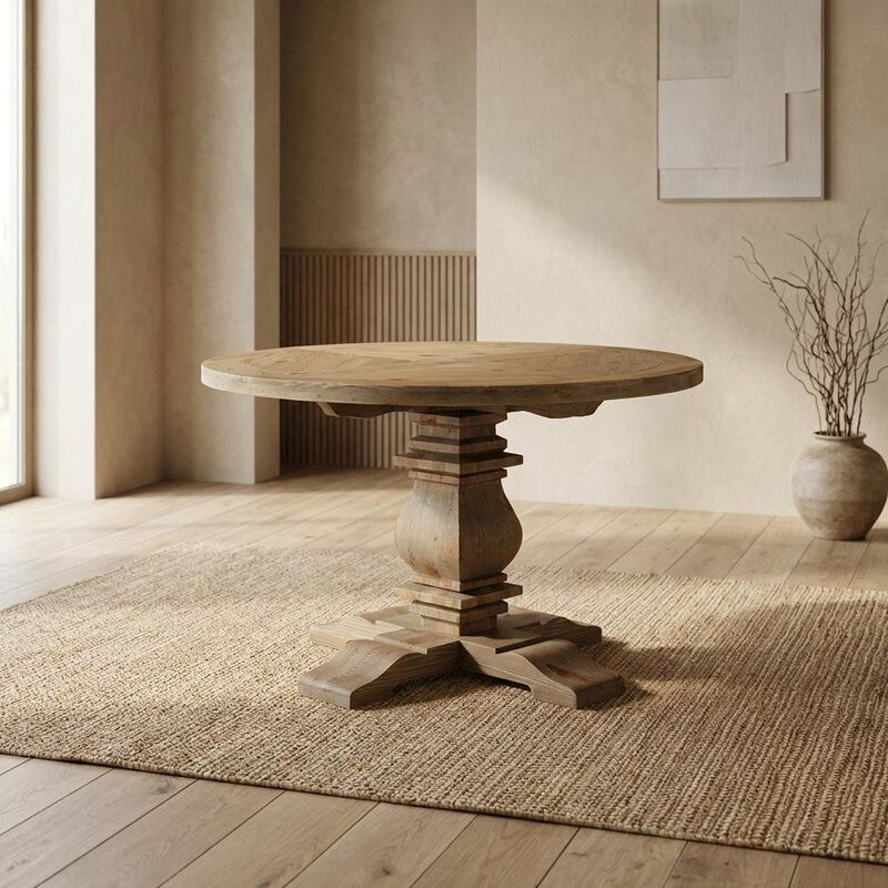 Brown Round Pine Wood Dining Table, Modern Farmhouse, Seats 4 image number 3