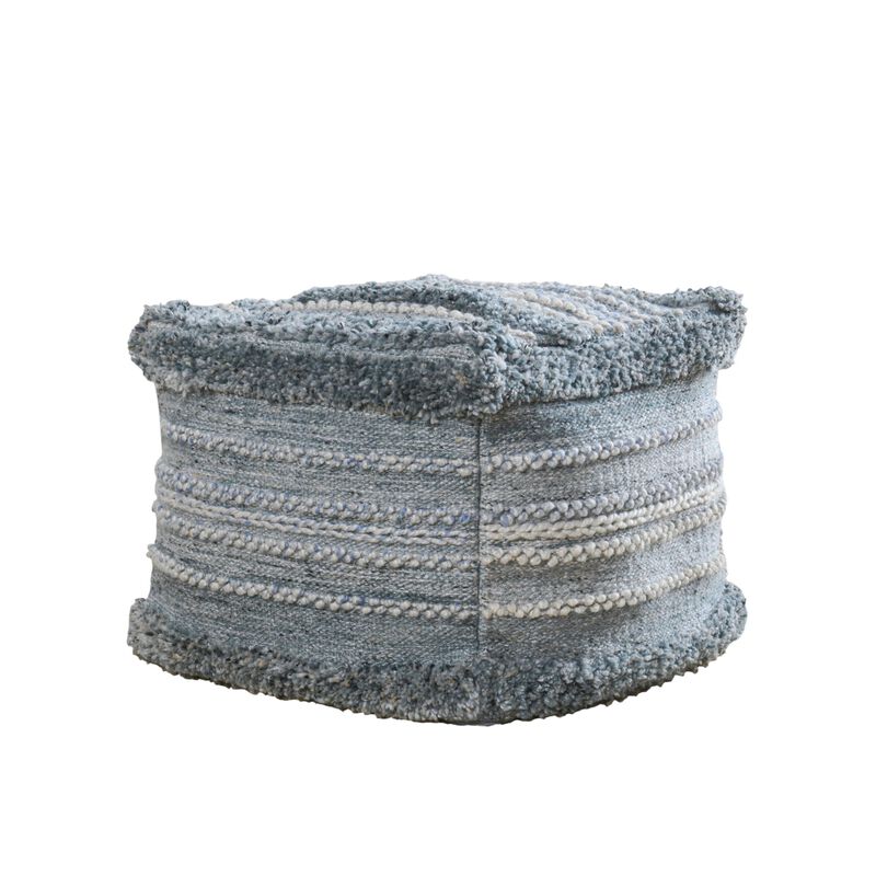 Kobi Square Ottoman Pouf, 18 Inch Blue Polyester, Boho Knitted Texture - Benzara