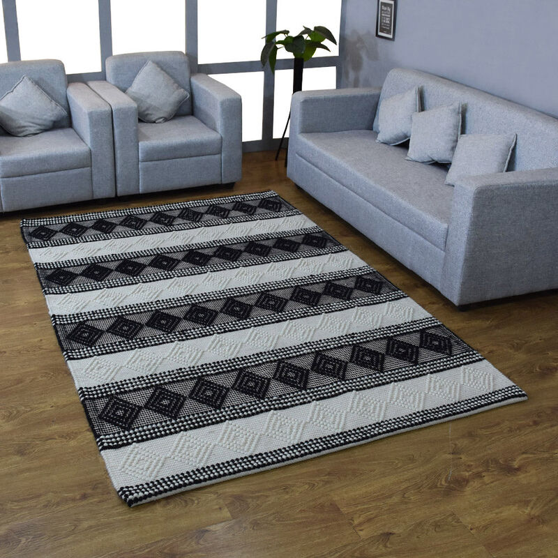 RUGSOTIC CARPETS HAND WOVEN FLAT WEAVE KILIM WOOL & COTTON ECO-FRIENDLY AREA RUGS - 5'x7'6'', Rectangle Shape, Black White Color, Contemporary Modern Design, Low Pile  Handmade Area Rugs (DWC002)