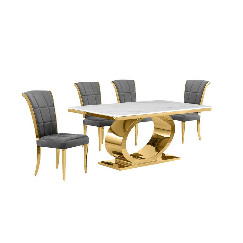5pc Small(68") marble top dining set with gold base and 4 Dark grey side chairs