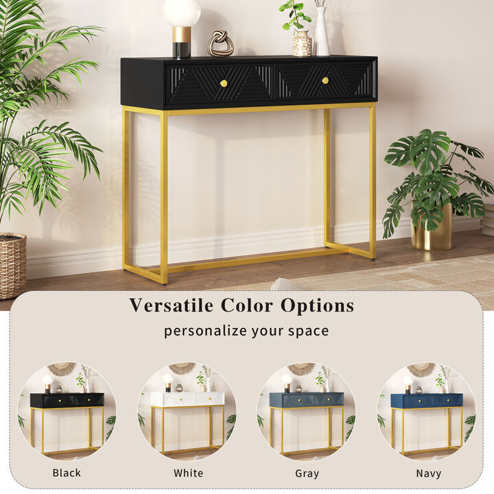 Whisen Modern Stripe Design Console Table with Two Drawers and Metal Legs - Black