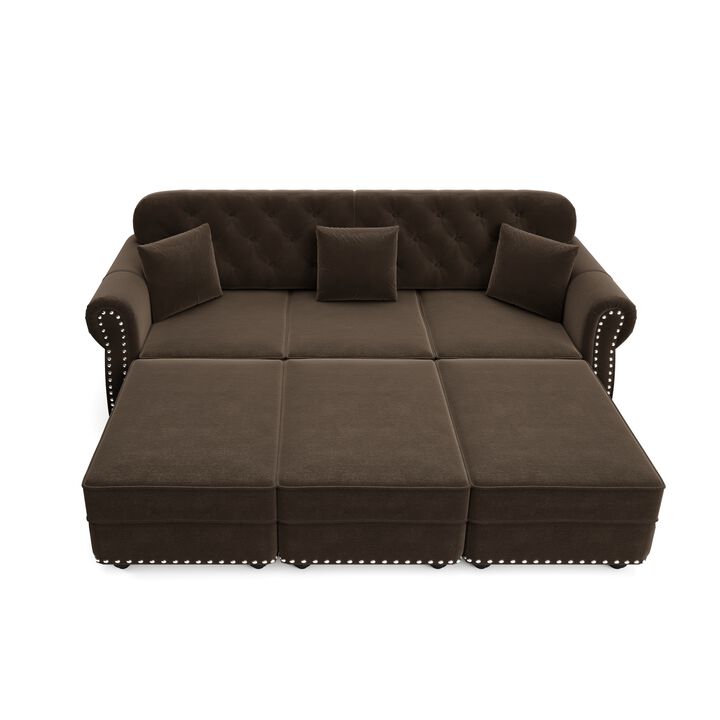 Whisen 3 Seat Velvet Sofa with 3 Ottomans, Nailhead Trim, Mid-Century Modern, for Living Room