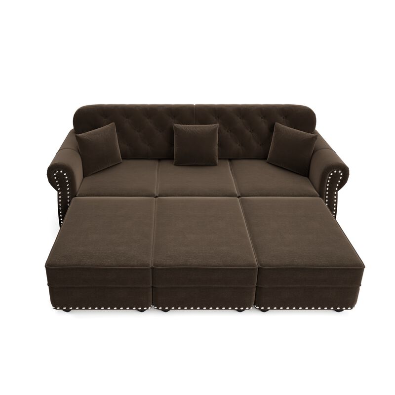 Whisen 3 Seat Velvet Sofa with 3 Ottomans, Nailhead Trim, Mid-Century Modern, for Living Room image number 0