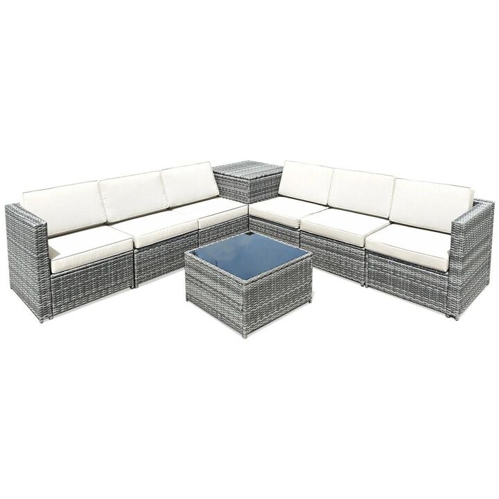 Mondawe 8 Pieces Wicker Sofa Rattan Dining Set Patio Furniture with Storage Table
