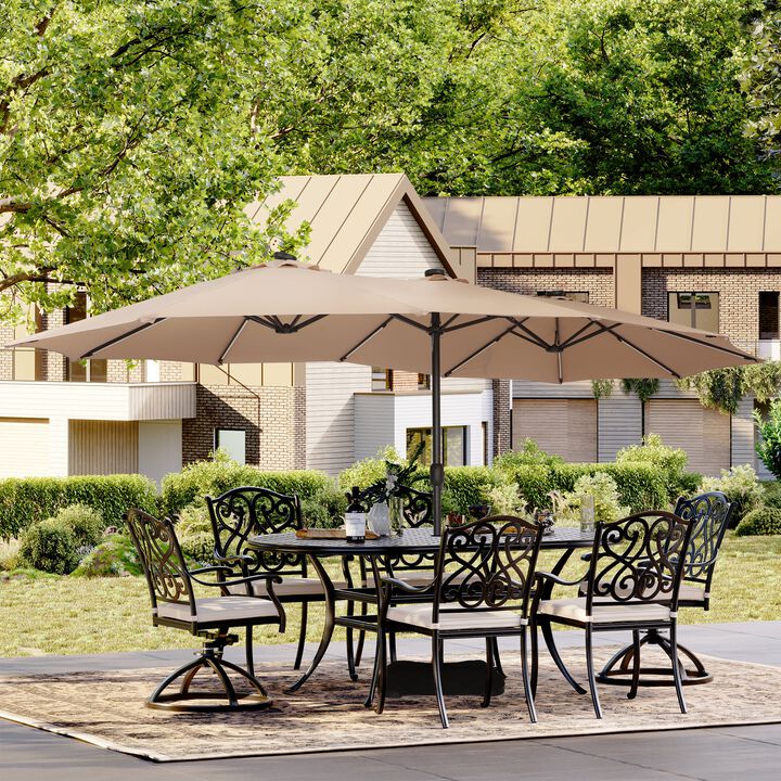 15 FT Double-Head Patio Umbrella with Base Included Large Outdoor Umbrella with Solar Detachable Lights Rectangular Crank Market Umbrella, Red