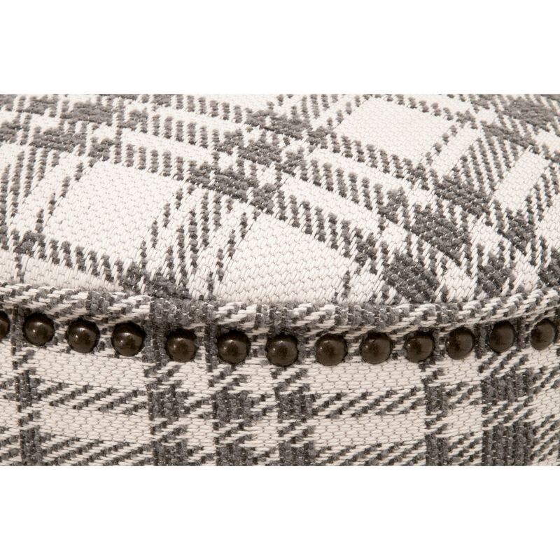 Elly 20 Inch Plaid Fabric Ottoman, Round, Nailhead Accents, Gray, White-Benzara image number 4