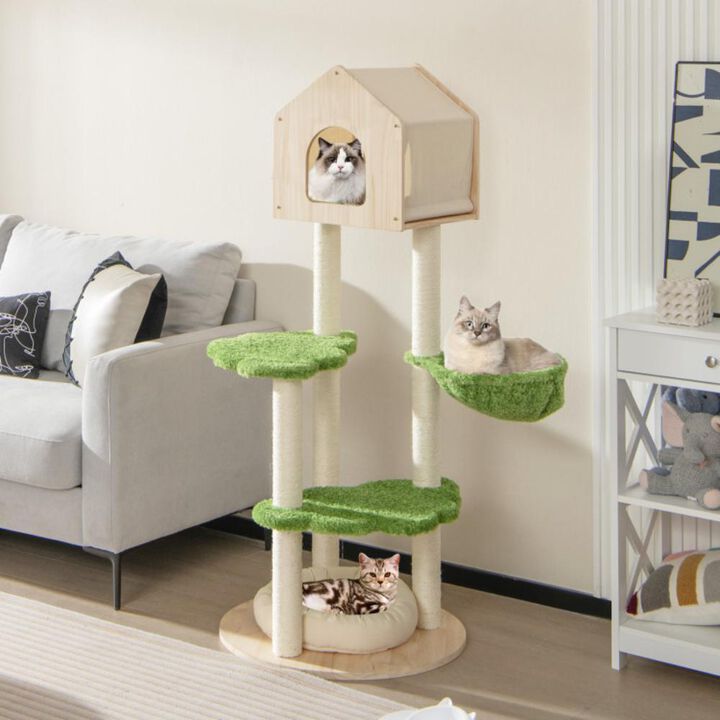 Hivvago 55 Inch Tall Cat Climbing Stand with Sisal Scratching Posts and Soft Cat Bed for Indoor Kittens