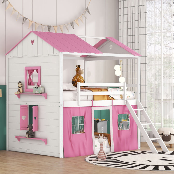 Whisen Full Size Bunk Bed with Tent, Windows & Slide, Solid Wood & MDF Castle House Design Lounge Bed for Kids Bedroom