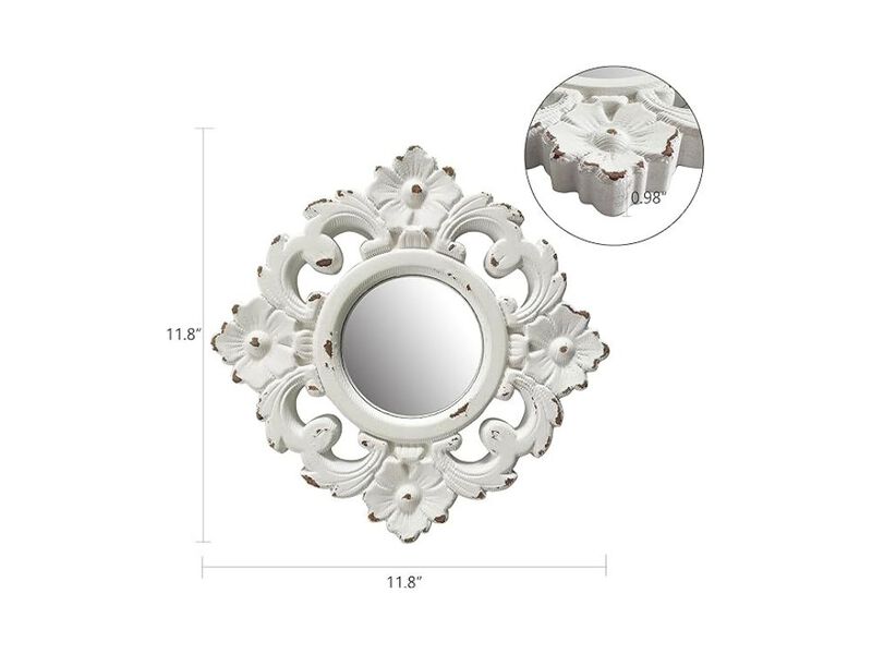 11.8" White Floral Wood Wall Mirror &ndash; Handcarved Rustic Accent for Home