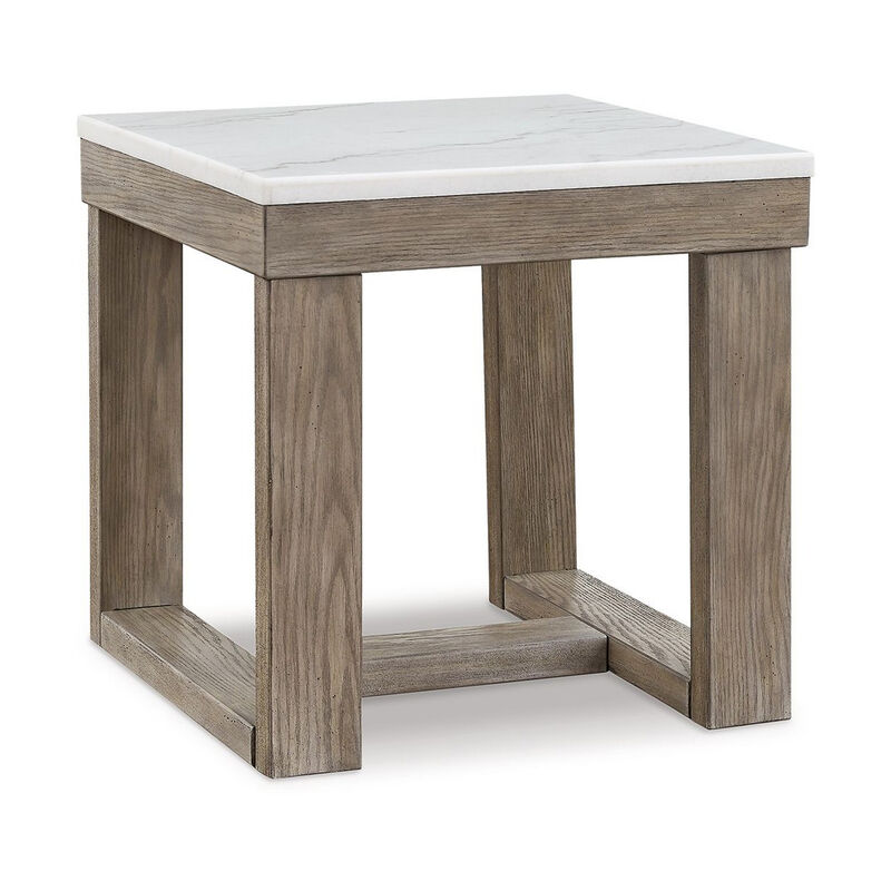Aska Side End Table, Block Profile, Marble, 24 Inch Taupe Gray Wood