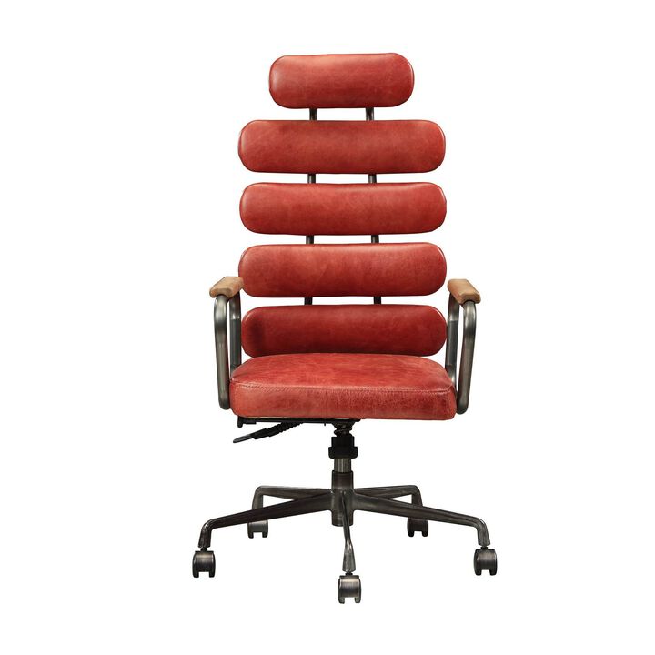 Leatherette Metal Swivel Executive Chair with Five Horizontal Panels Backrest, Red and Gray - Benzara