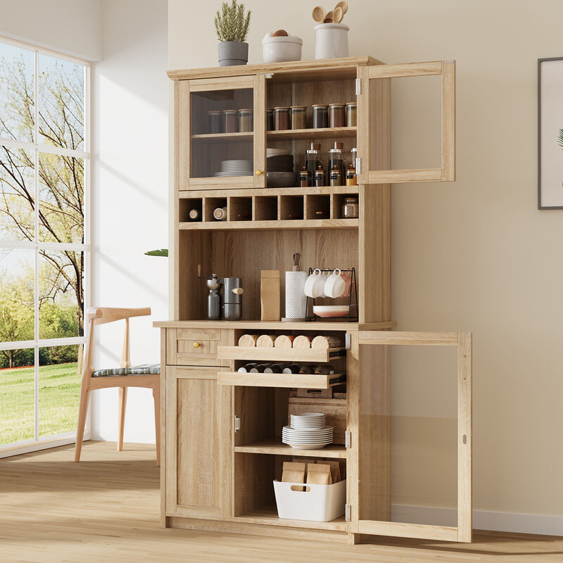 Merax  Freestanding Buffet with Hutch Tall Kitchen Pantry Storage Cabinet with Wine Rack and Adjustable Shelves for Dining Room image number 2