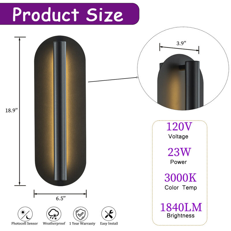 H19" Oval Matte Black 23W Integrated LED Wall Sconce with Acrylic Shade Modern Dusk to Dawn Outdoor Wall Light Waterproof Exterior Light Fixture for Porch Patio image number 6