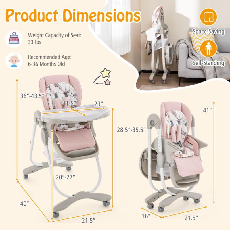 Hivvago Multifunctional Folding Baby High Chair with Rolling Wheels and Adjustable Height