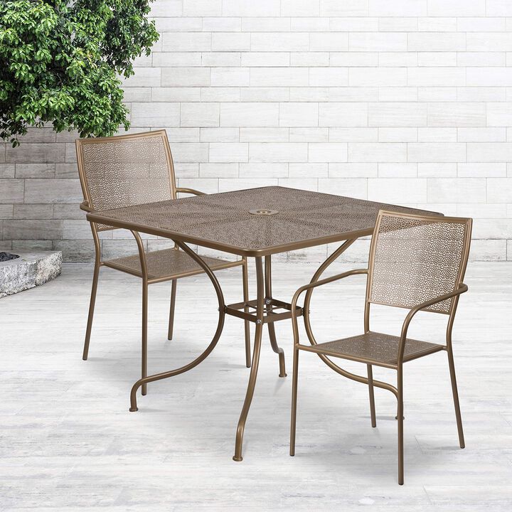 Flash Furniture Commercial Grade 35.5" Square Gold Indoor-Outdoor Steel Patio Table Set with 2 Square Back Chairs