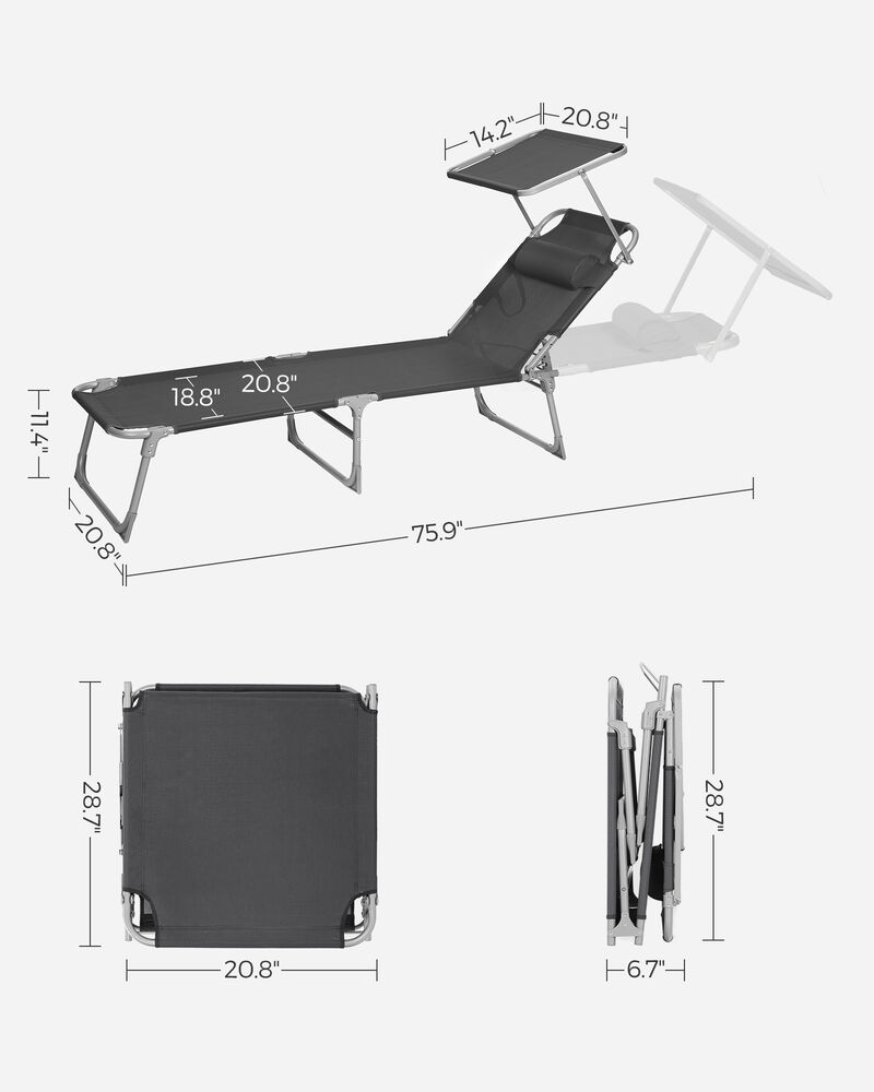Sun Lounger with Headrest and Adjustable Backrest Canopy Shade image number 2