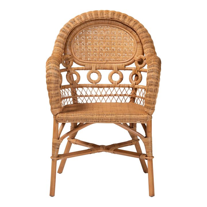 bali & pari Abigale Natural Rattan Dining Chair - Handwoven Wicker Accent Chair with Arms and Openwork Frame for Kitchen or Dining Room