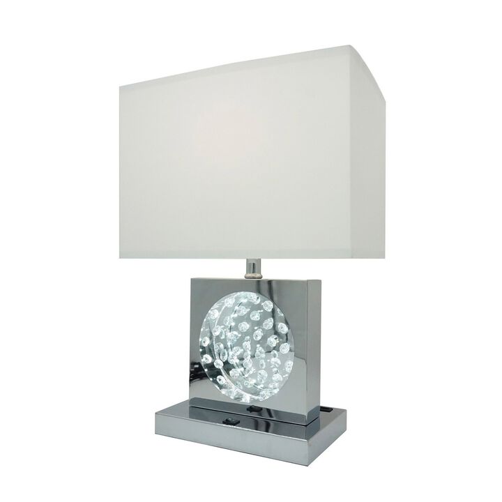 Rohi 22 Inch Table Lamp, White Fabric Shade, Chrome Base, LED Accents - Benzara