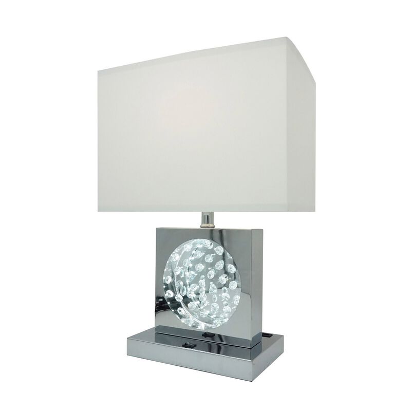 Rohi 22 Inch Table Lamp, White Fabric Shade, Chrome Base, LED Accents - Benzara