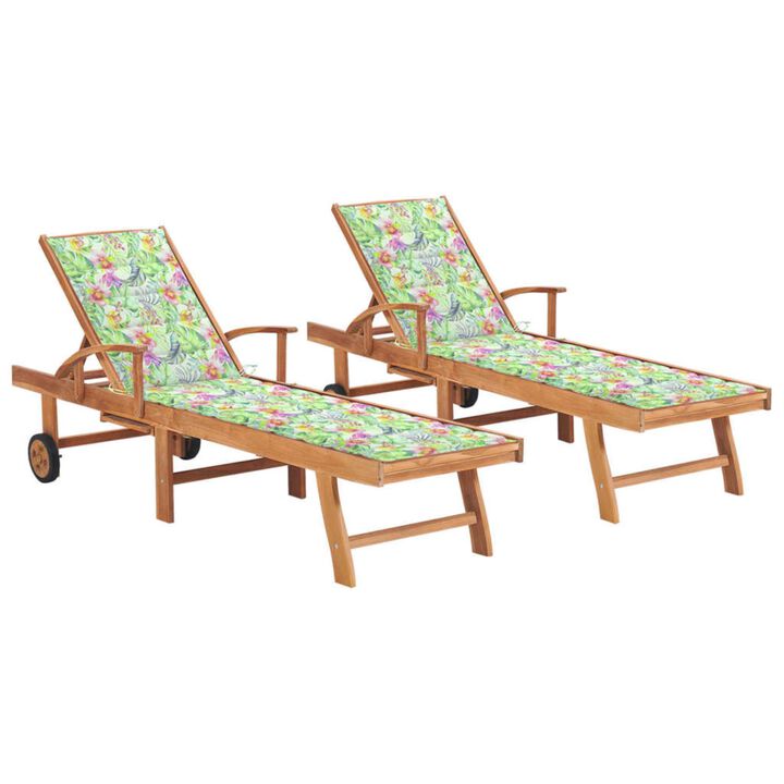 vidaXL 2 Pcs Adjustable Sun Loungers with Wheels - Teak Hard Wood with Leaf Pattern Cushions - Rustic Outdoor Furniture for Garden, Patio, Pool Deck