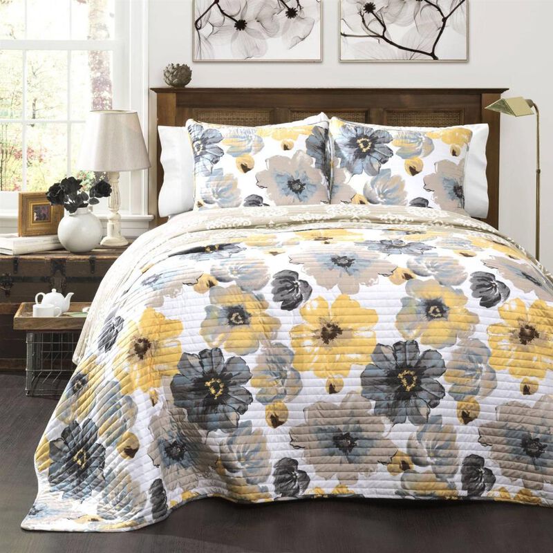 Hivvago White Yellow Grey Flowers Lightweight Polyester Microfiber Quilt Set