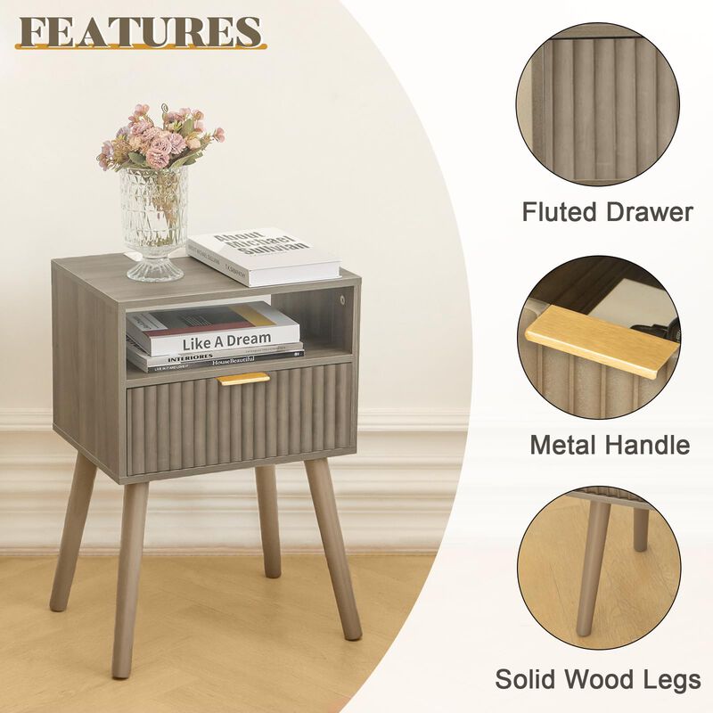 Fultyle Night Stand with Charging Station, Modern Bedside Table with Drawer and Solid Wood Legs, Fluted Side End Table for Bedro