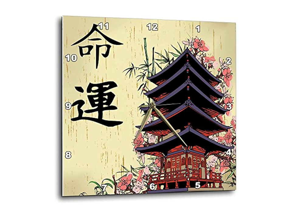 Japanese Pagoda Pink Sakura Bamboo Destiny Wall Clock 15 Inch Home Decor