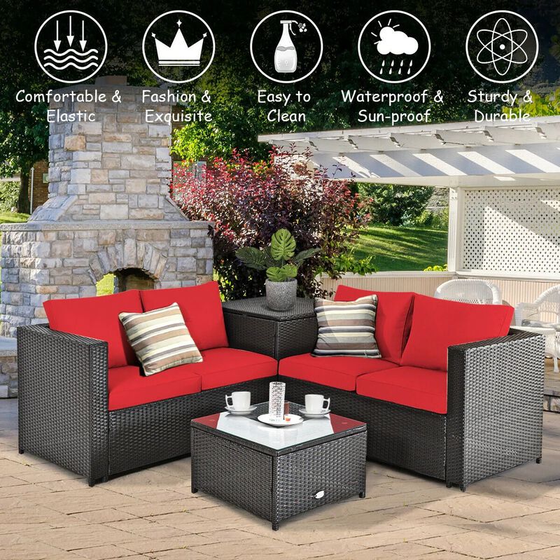 Mondawe 4 Pieces Outdoor Patio Rattan Furniture Set with Loveseat and Storage Box