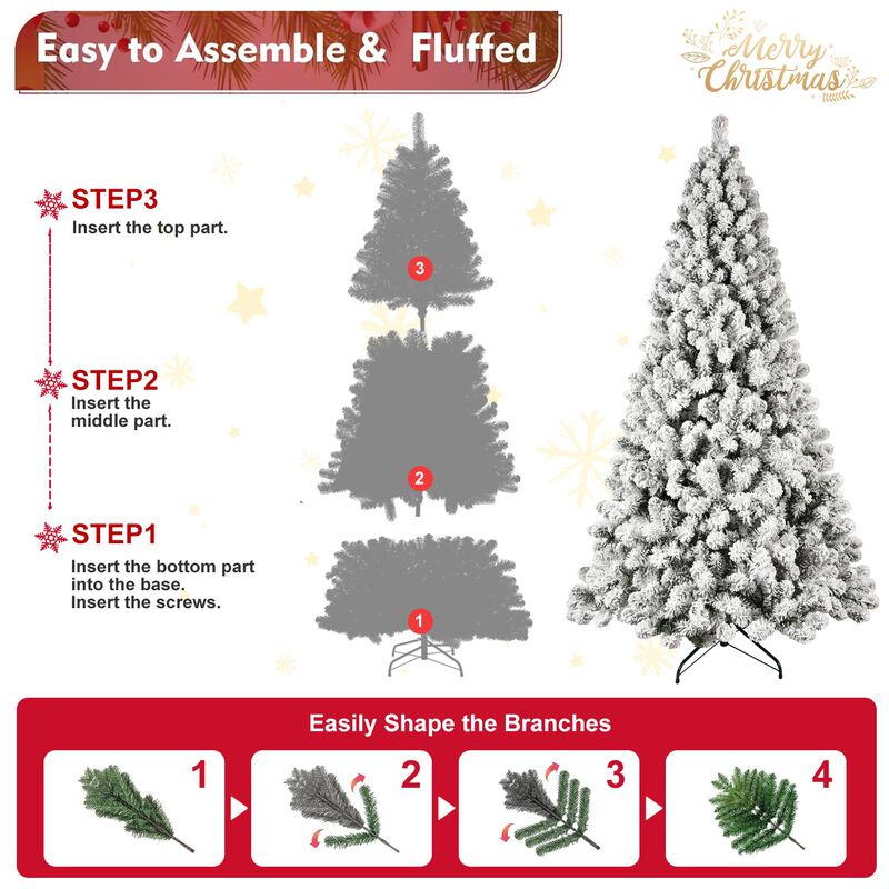 8 ft. Snow Flocked Christmas Tree with Light PVC Hinged 1460 Tips Memory Wire with Metal Stand