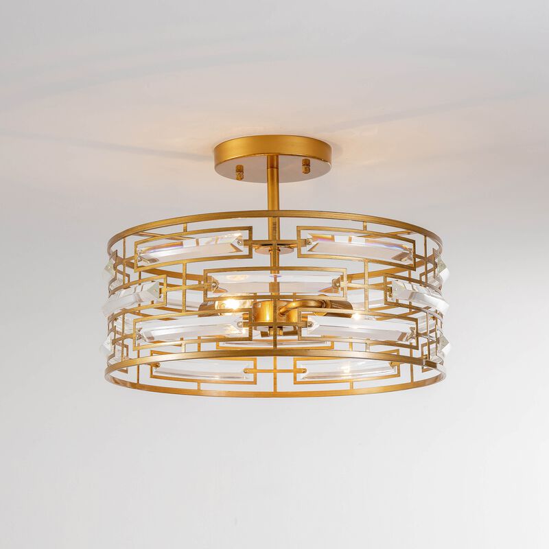 Ariel 3-Light Drum Shade Clear Glass Prism Flush Mount - Medium‑gloss Brushed Brass Finish image number 5