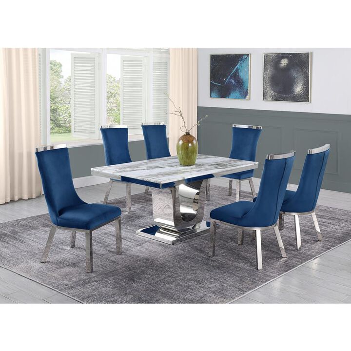 7pc dining set- Recatngle Marble table with a U shape base and 6 side chairs in Navy Blue