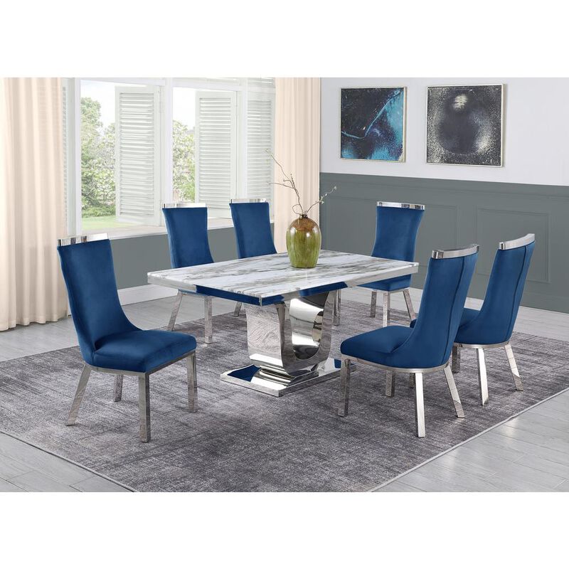 7pc dining set- Recatngle Marble table with a U shape base and 6 side chairs in Navy Blue