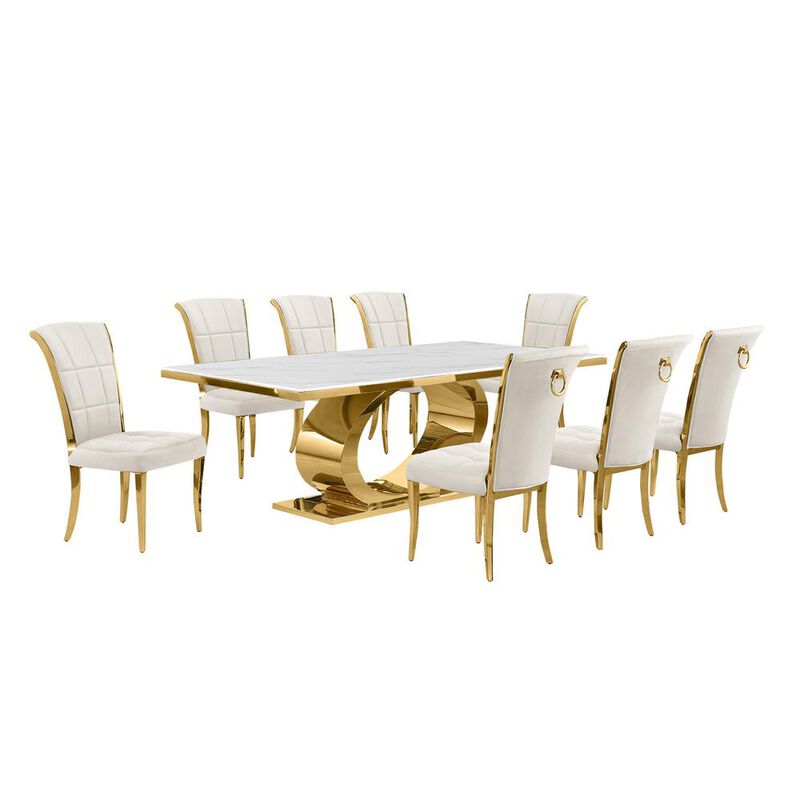 Best Quality Furniture 9pc Large(87) marble top dining set with gold base and 8 Cream side chairs image number 0