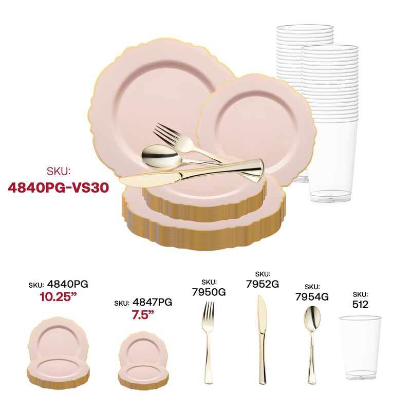 Pink with Gold Rim Round Blossom Plastic Wedding Value Set (30 Sets) image number 5