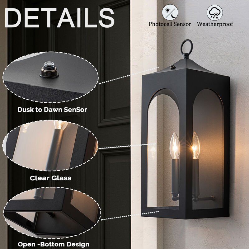 H20" 2-Lights Large Dusk to Dawn Outdoor Wall Lantern Unique/Statement Black Exterior Wall Sconce with Dual Candle Lights and Roof Top Design for Entryway Garage image number 4