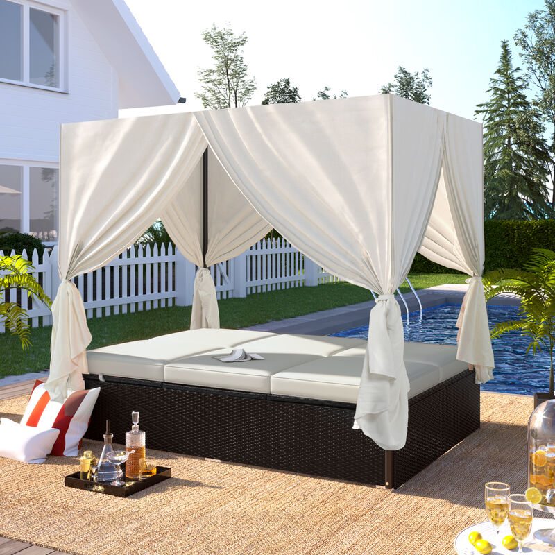 Merax Patio Daybed with 2 Separate Cushions, Adjustable Recline, Curtains for Sun Blocking image number 2