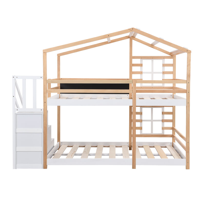 TATEUS Full Bunk Bed House Bed Ladder Platform Bed