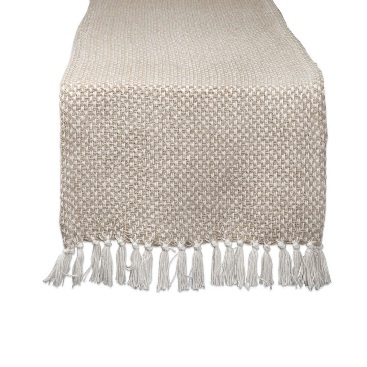 108" Beige and White Woven Fringed Table Runner