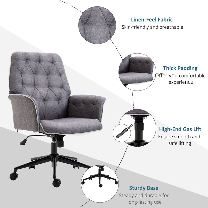 HOMCOM Linen Home Office Chair, Tufted Height Adjustable Computer Desk Chair with Swivel Wheels and Padded Armrests, Dark Gray