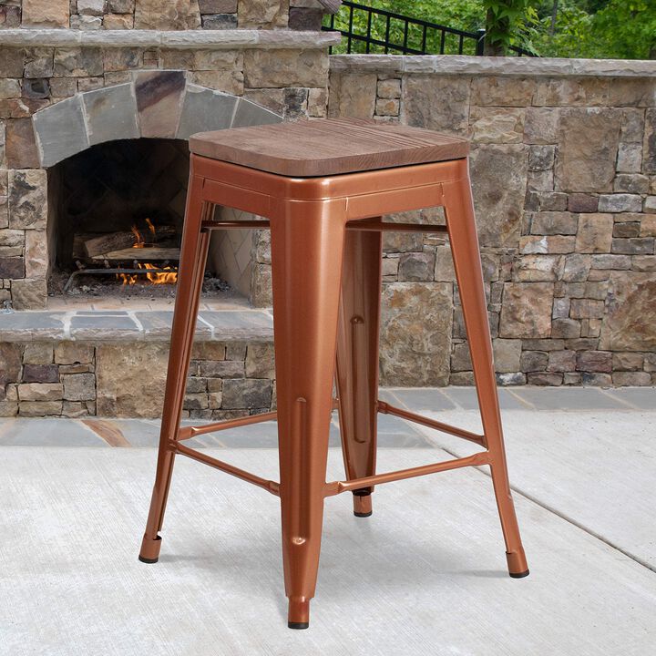 Flash Furniture Sinclair 24" High Backless Copper Counter Height Stool with Square Wood Seat