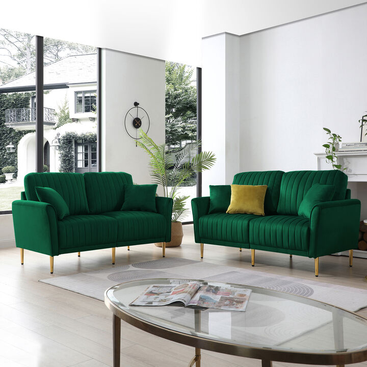 Green Velvet Couch and Sofa Set for Living Room, 2 Piece Modern 2 seat Sofas Set, Furniture Sofa Set with Removable Cushions, Free throw pillow.