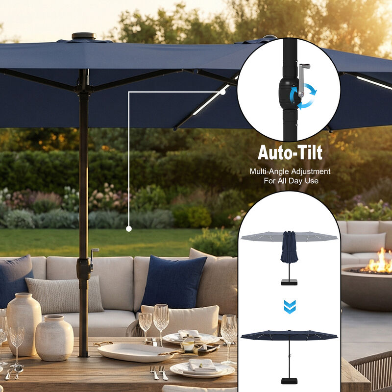 FUFU&GAGA 15-ft x 9-ft Navy Blue Large Outdoor Sunshade Double-Top Patio Umbrella with Solar Panel, Lights & Cross Tile Base, Adjustable Cantilever Umbrella image number 5