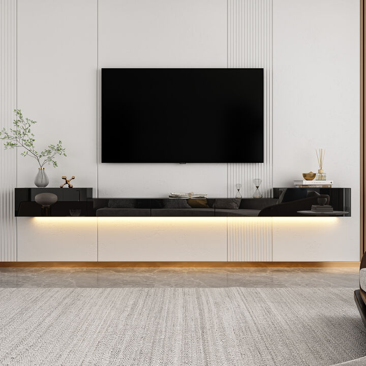 Black Mirror Finished TV Stand Wall-Mounted Entertainment Center Fits TV's up to 110.2 in. with 4 Drawers for Storage