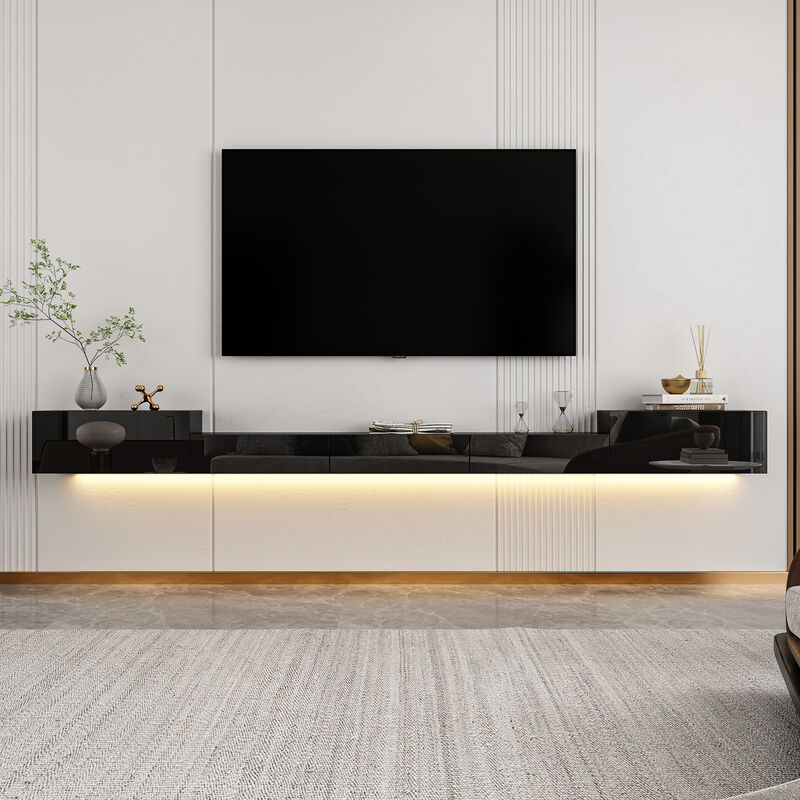 Black Mirror Finished TV Stand Wall-Mounted Entertainment Center Fits TV's up to 110.2 in. with 4 Drawers for Storage