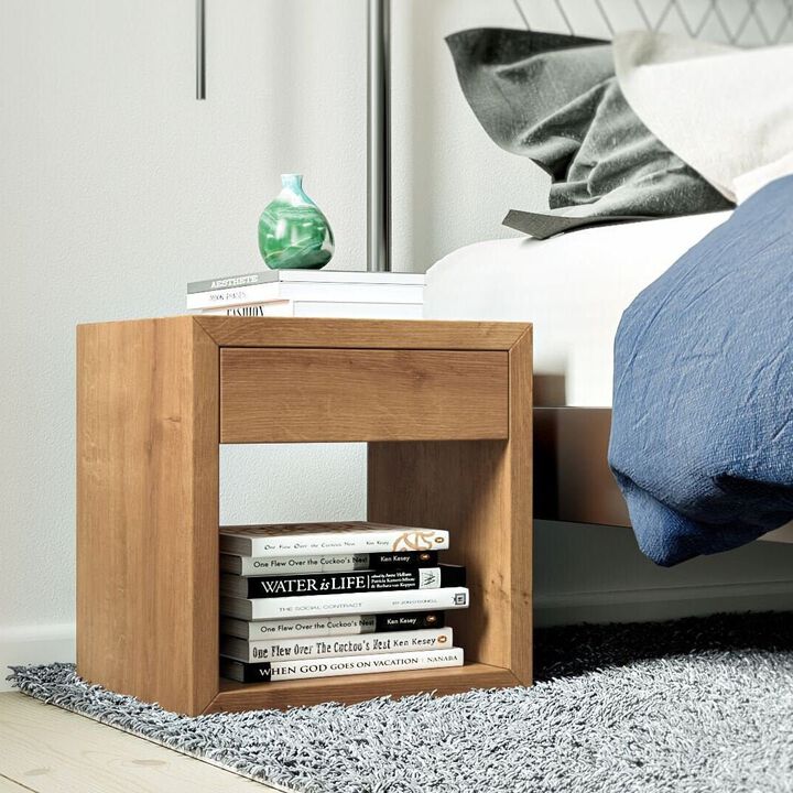 Medium Unfinished Mid-Century Modern Solid Oak Hardwood Floating Nightstand with Drawer - Bedside Table for Bedroom