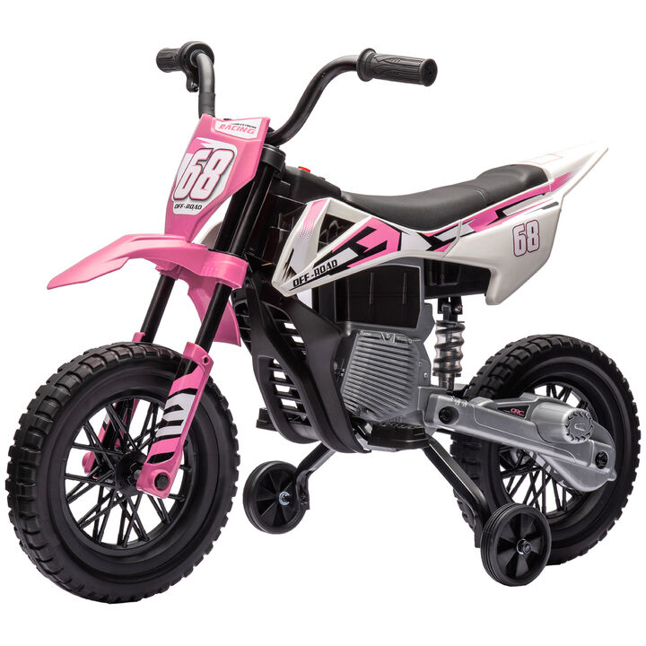 BreeBe 12V Kids Electric Motorcycle w/ Twist Grip Throttle, Training Wheels, Rear Suspension & Music